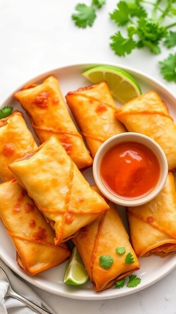 Crispy Air Fryer Shrimp Egg Rolls Recipe Crispy air fryer shrimp egg rolls served with sweet chili sauce and garnished with cilantro and lime.